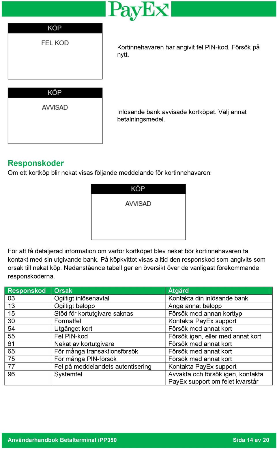 bank. På köpkvittot visas alltid den responskod som angivits som orsak till nekat köp. Nedanstående tabell ger en översikt över de vanligast förekommande responskoderna.