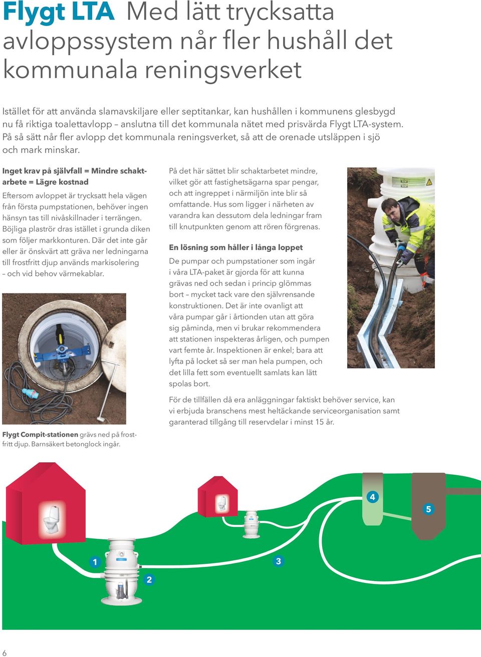 Inget krav på självfall = Mindre schaktarbete = Lägre kostnad Eftersom avloppet är trycksatt hela vägen från första pumpstationen, behöver ingen hänsyn tas till nivåskillnader i terrängen.