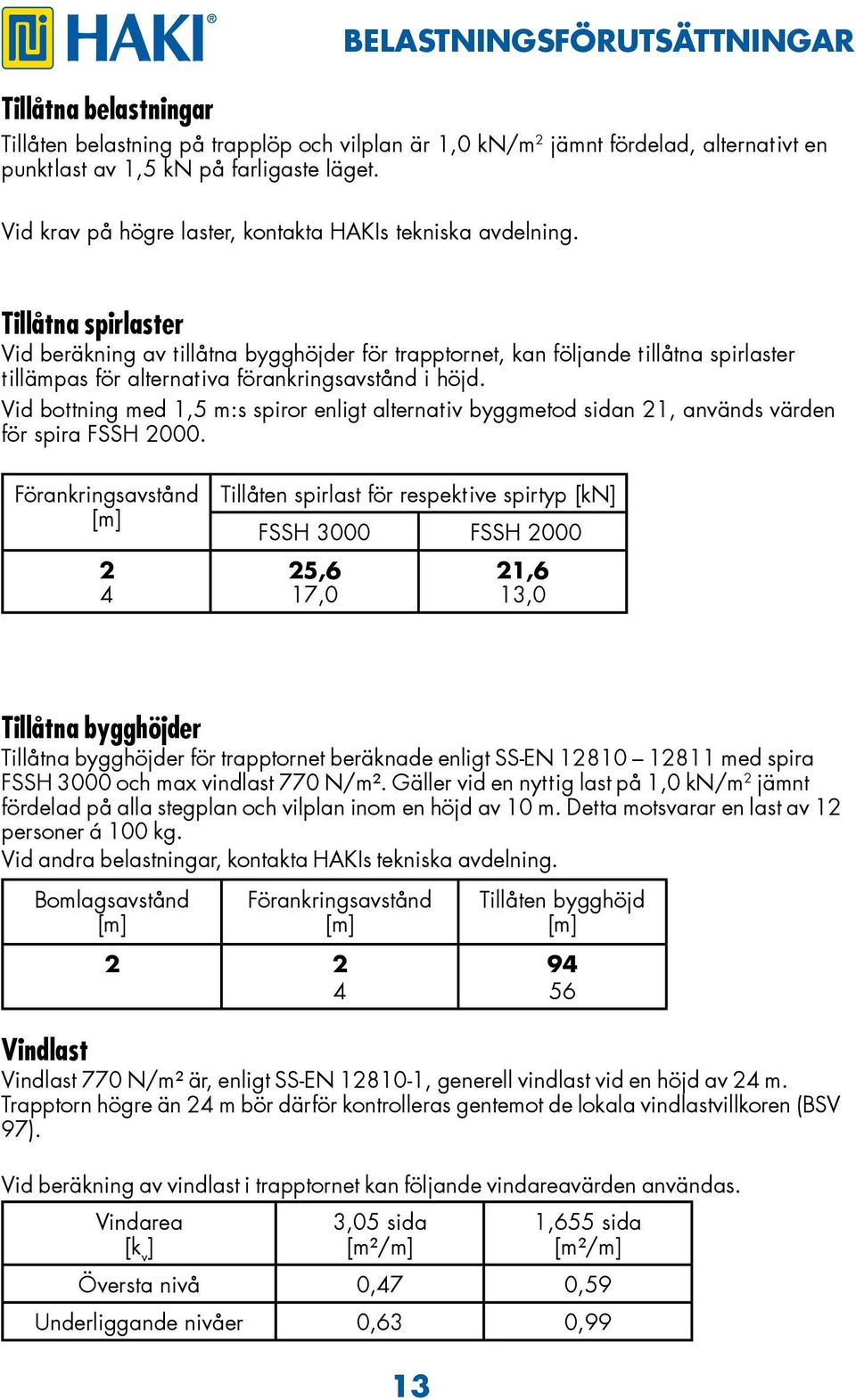 Tillåtna spirlaster Vid beräkning av tillåtna bygghöjder för trapptornet, kan följande tillåtna spirlaster tillämpas för alternativa förankringsavstånd i höjd.