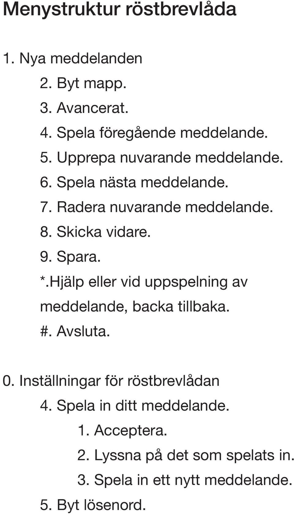 Spara. *.Hjälp eller vid uppspelning av meddelande, backa tillbaka. #. Avsluta. 0.