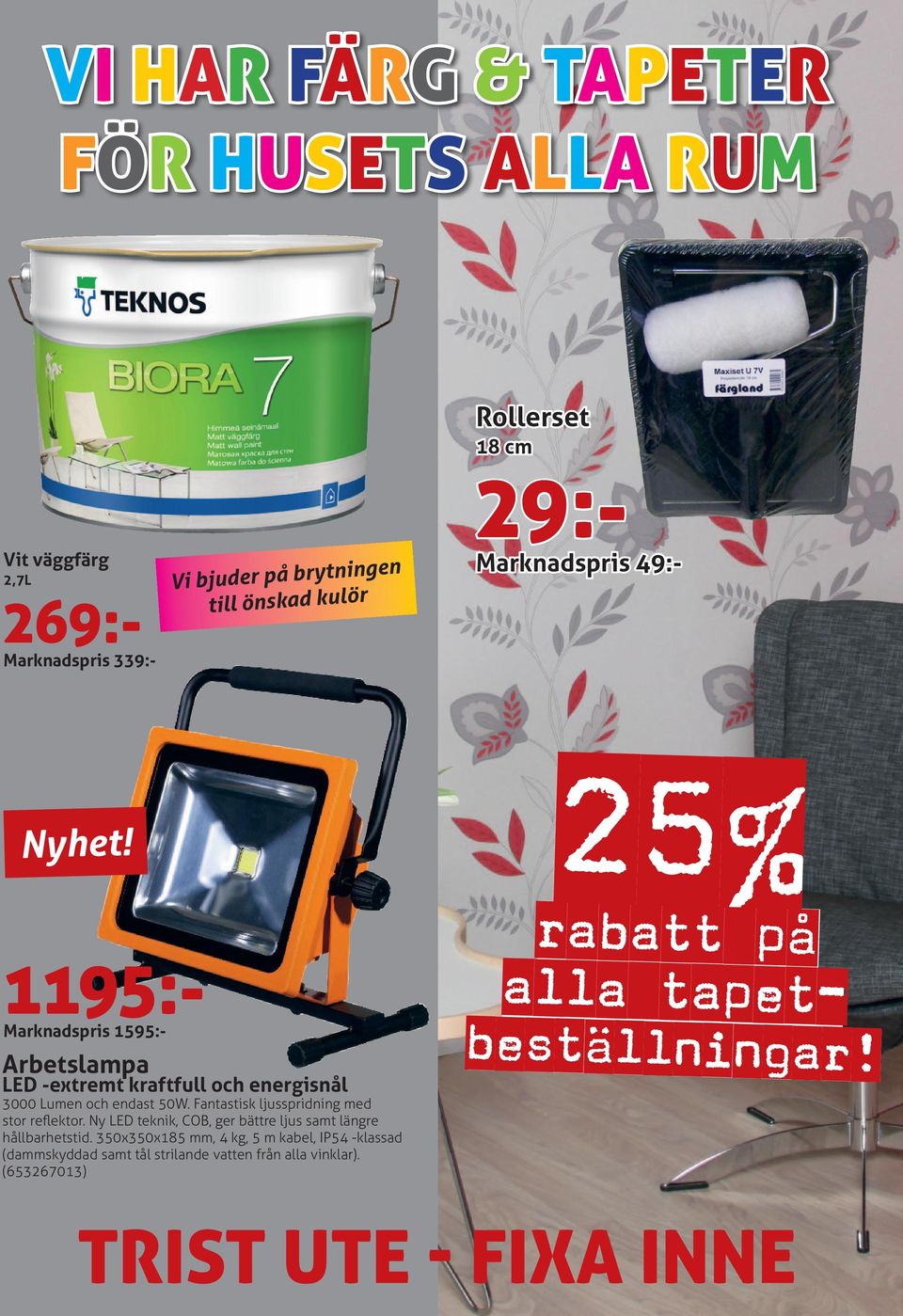 endast 50W. Fantastisk ljusspridning med stor reflektor. Ny LED teknik, COB, ger bättre ljus samt längre hållbarhetstid.