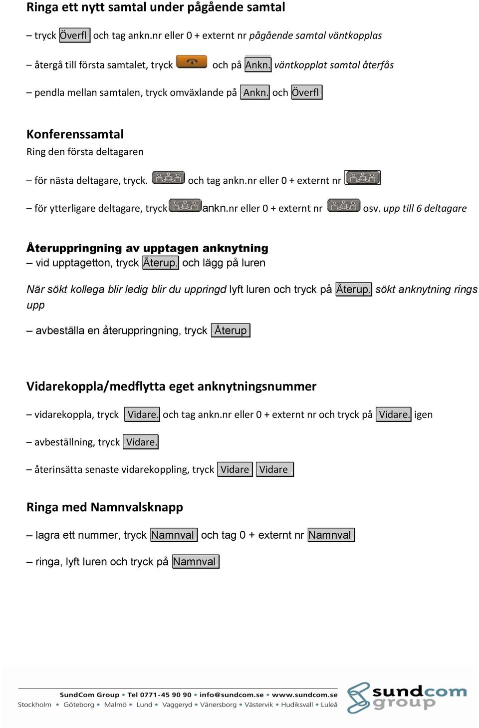 nr eller 0 + externt nr för ytterligare deltagare, tryck ankn.nr eller 0 + externt nr osv. upp till 6 deltagare Återuppringning av upptagen anknytning vid upptagetton, tryck Återup.