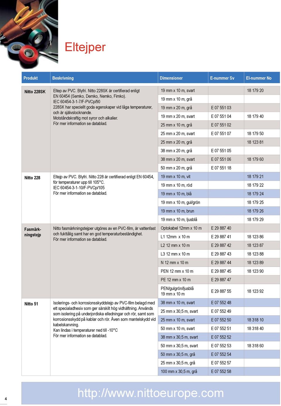 Nitto 228 är certifierad enligt EN 60454, för temperaturer upp till 105 C.