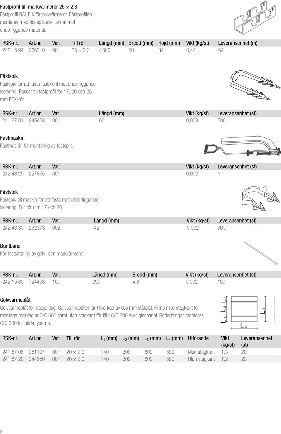 Passar till fästprofil för 17, 20 och 25 mm PEX-rör. RSK-nr. Art.nr. Var. Längd (mm) Vikt (kg/st) Leveransenhet (st) 241 87 81 245423 001 60 0,003 500 Fästmaskin Fästmaskin för montering av fästspik.