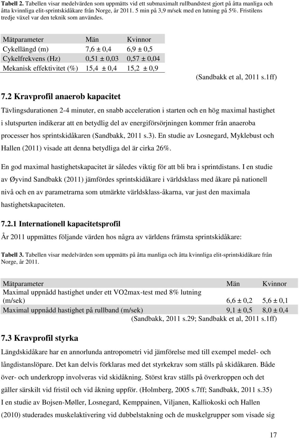 Mätparameter Män Kvinnor Cykellängd (m) 7,6 ± 0,4 6,9 ± 0,5 Cykelfrekvens (Hz) 0,51 ± 0,03 0,57 ± 0,04 Mekanisk effektivitet (%) 15,4 ± 0,4 15,2 ± 0,9 (Sandbakk et al, 2011 s.1ff) 7.