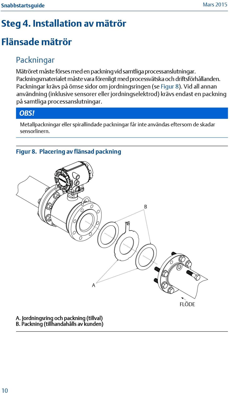 Vid all annan användning (inklusive sensorer eller jordningselektrod) krävs endast en packning på samtliga processanslutningar. OBS!