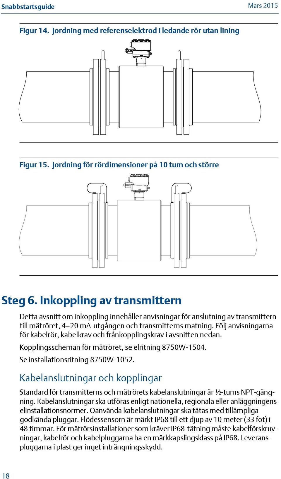 Följ anvisningarna för kabelrör, kabelkrav och frånkopplingskrav i avsnitten nedan. Kopplingsscheman för mätröret, se elritning 8750W-1504. Se installationsritning 8750W-1052.