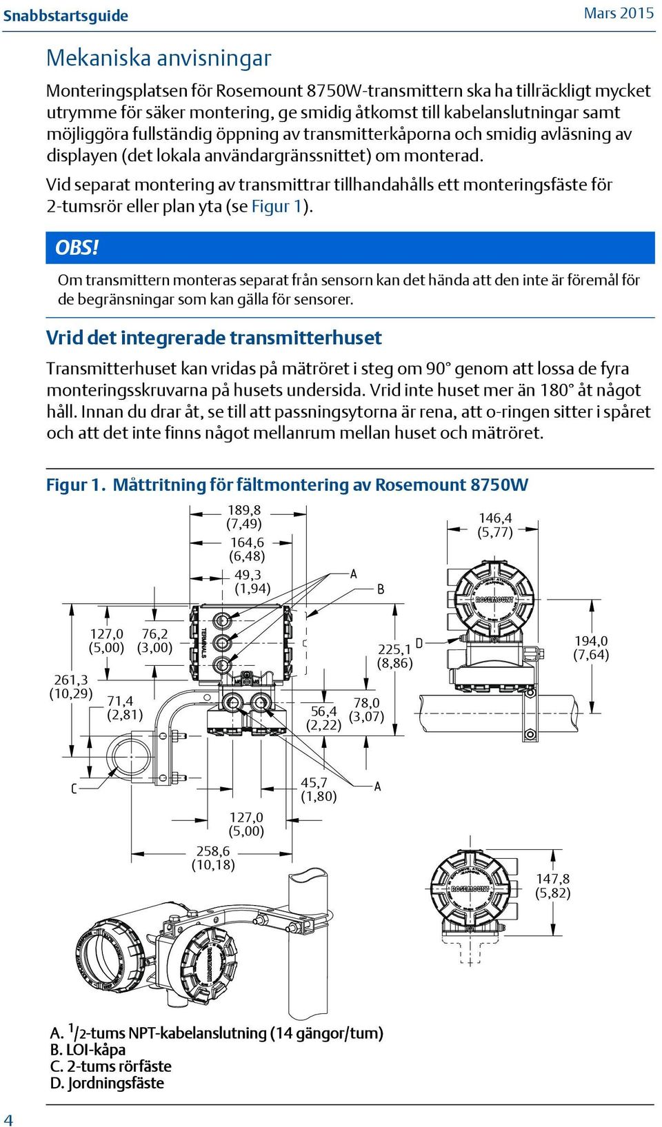 Vid separat montering av transmittrar tillhandahålls ett monteringsfäste för 2-tumsrör eller plan yta (se Figur 1). OBS!