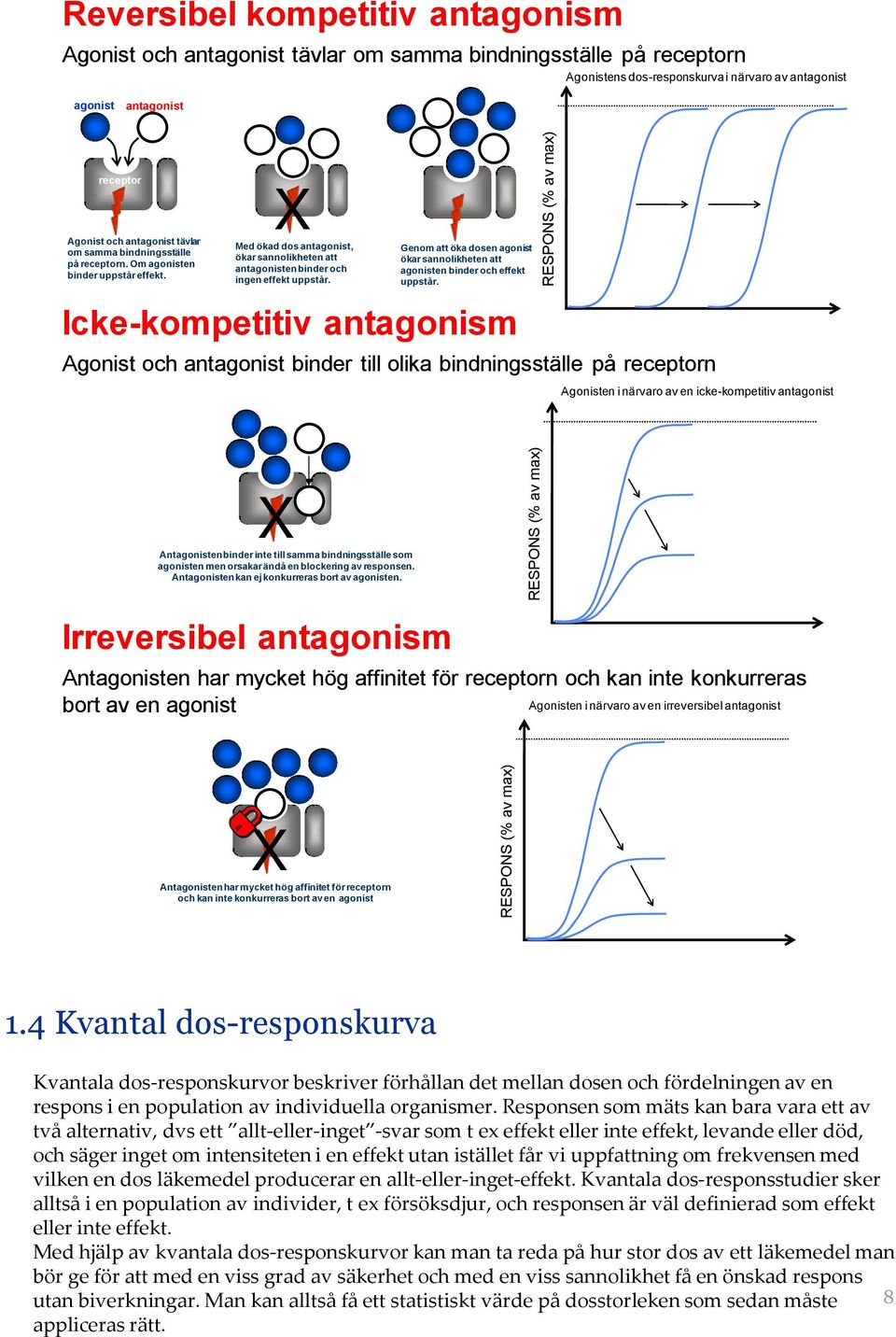 X Med ökad dos antagonist, ökar sannolikheten att antagonisten binder och ingen effekt uppstår. Genom att öka dosen agonist ökar sannolikheten att agonisten binder och effekt uppstår.