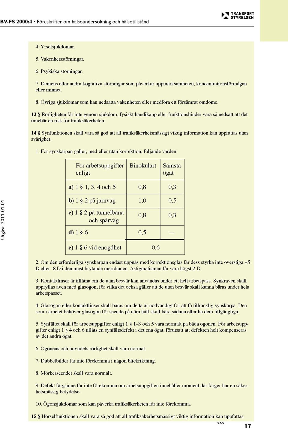 13 Rörligheten får inte genom sjukdom, fysiskt handikapp eller funk tions hinder vara så nedsatt att det innebär en risk för trafiksäkerheten.