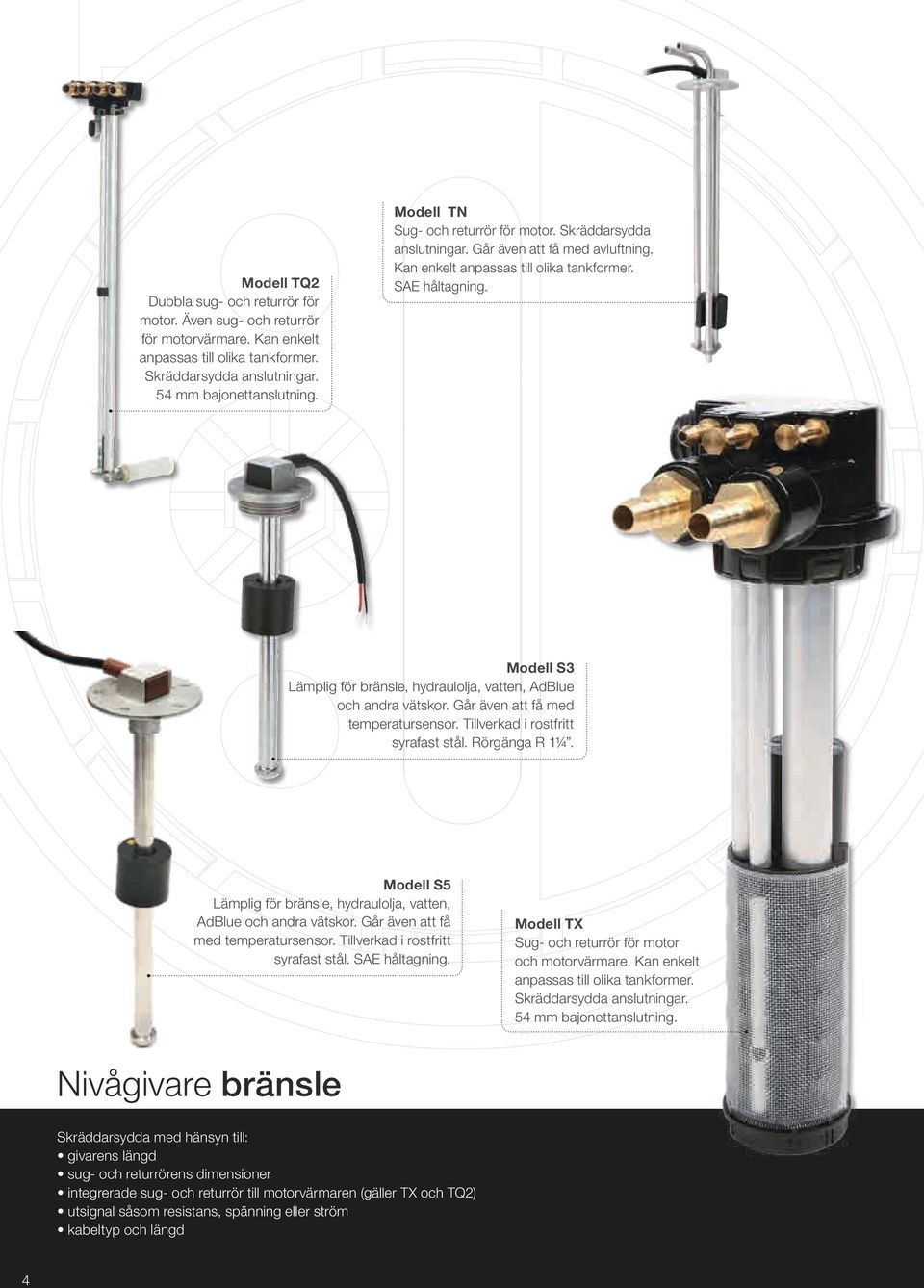 Modell S3 Lämplig för bränsle, hydraulolja, vatten, AdBlue och andra vätskor. Går även att få med temperatursensor. Tillverkad i rostfritt syrafast stål. Rörgänga R 1¼.