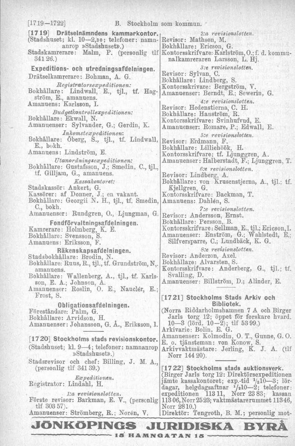 3:e revisionslotfm. Drätselkamrerare: Bohman, d. G. Revisor: Sylvan, C. Bokhållare : Lindberg, S. Registratorsexpeditionen: Kontorsskrivare: Bergström, V. Bokhållare: Lindwall, E., tji., tf.