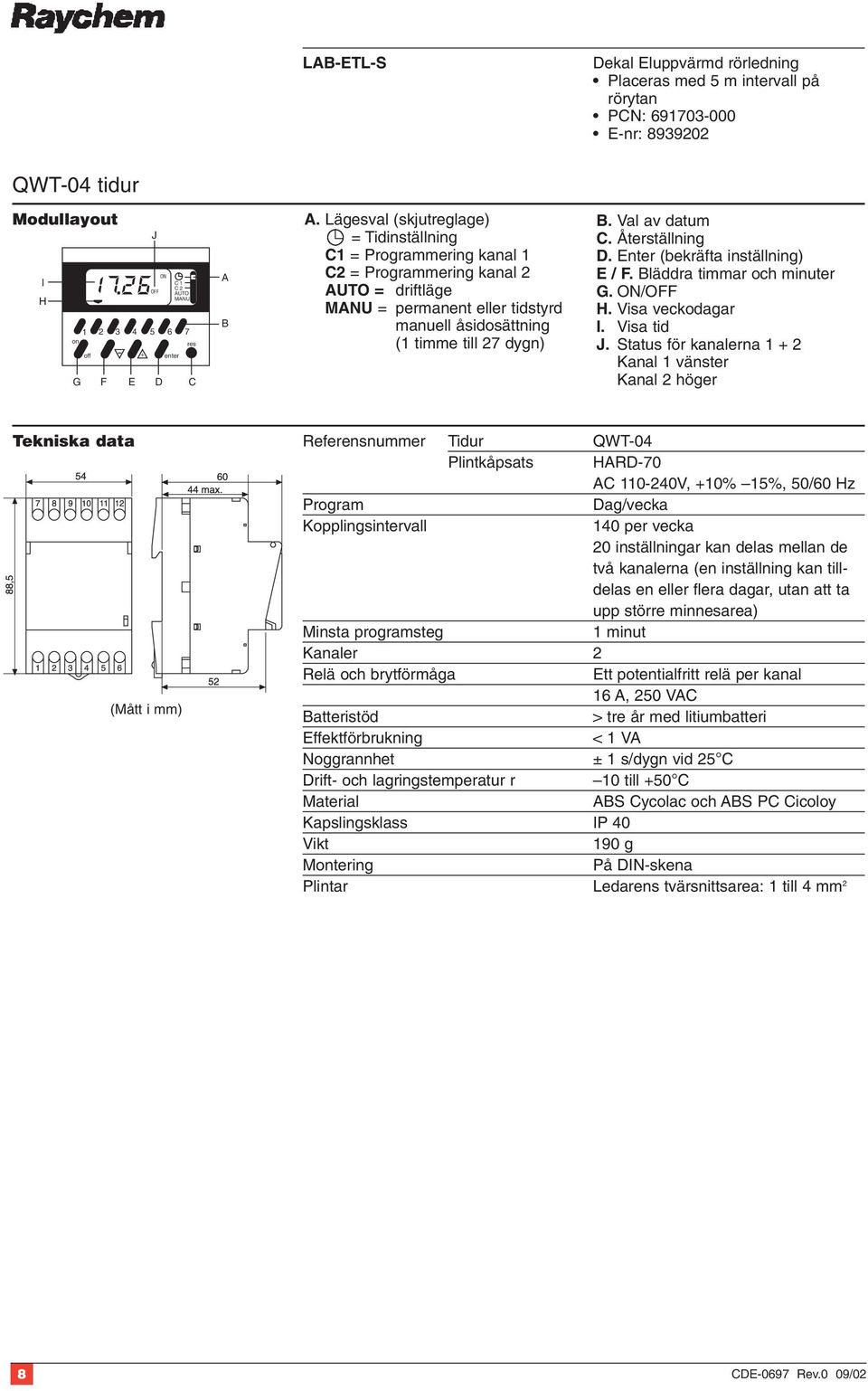 Lägesval (skjutreglage) = Tidinställning C1 = Programmering kanal 1 C2 = Programmering kanal 2 AUTO = driftläge MANU = permanent eller tidstyrd manuell åsidosättning (1 timme till 27 dygn) B.