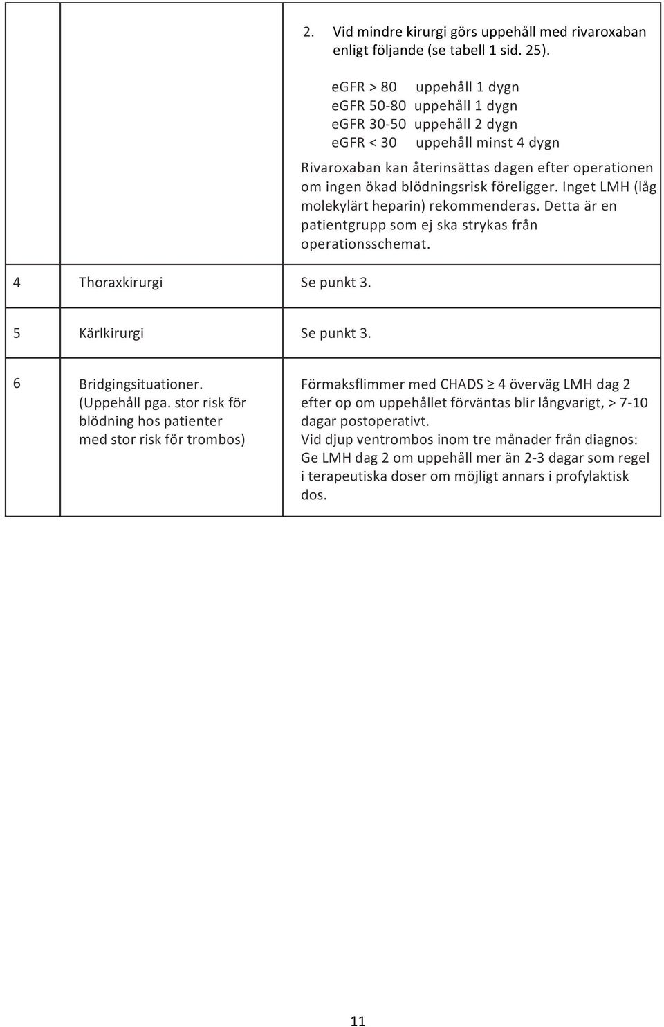 föreligger. Inget LMH (låg molekylärt heparin) rekommenderas. Detta är en patientgrupp som ej ska strykas från operationsschemat. 5 Kärlkirurgi Se punkt 3. 6 Bridgingsituationer. (Uppehåll pga.