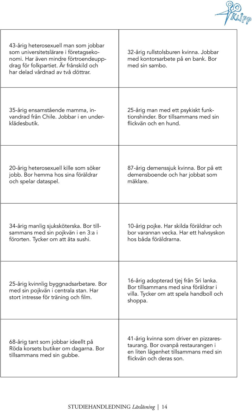 25-årig man med ett psykiskt funktionshinder. Bor tillsammans med sin flickvän och en hund. 20-årig heterosexuell kille som söker jobb. Bor hemma hos sina föräldrar och spelar dataspel.