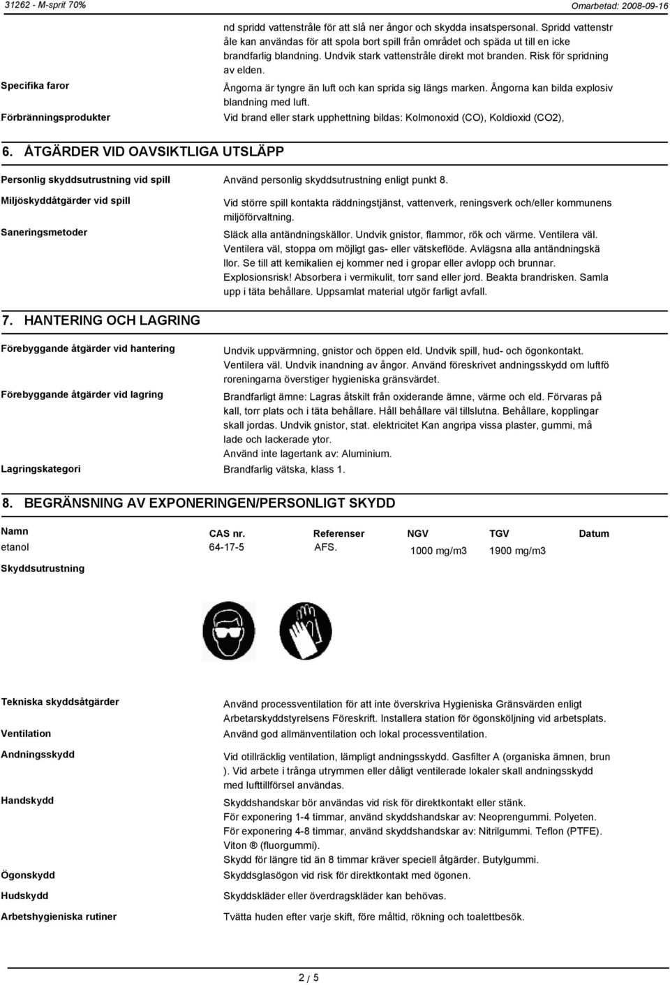 Ångorna är tyngre än luft och kan sprida sig längs marken. Ångorna kan bilda explosiv blandning med luft. Vid brand eller stark upphettning bildas: Kolmonoxid (CO), Koldioxid (CO2), 6.