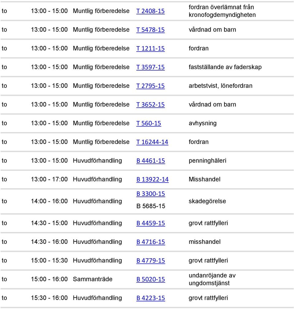 13922-14 Misshandel B 3300-15 to 14:00-16:00 Huvudförhandling B 5685-15 skadegörelse to 14:30-15:00 Huvudförhandling B 4459-15 grovt rattfylleri to 14:30-16:00 Huvudförhandling B