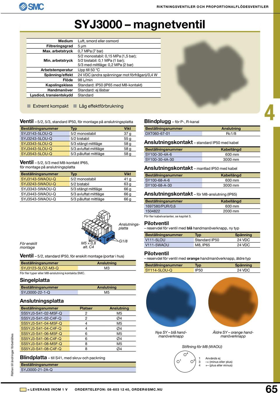 Standard: IP50 (IP65 med M8-kontakt) Handmanöver Standard: ej låsbar Lysdiod, transientskydd Standard Extremt kompakt Låg effektförbrukning Ventil 5/, 5/3, standard IP50, för montage på