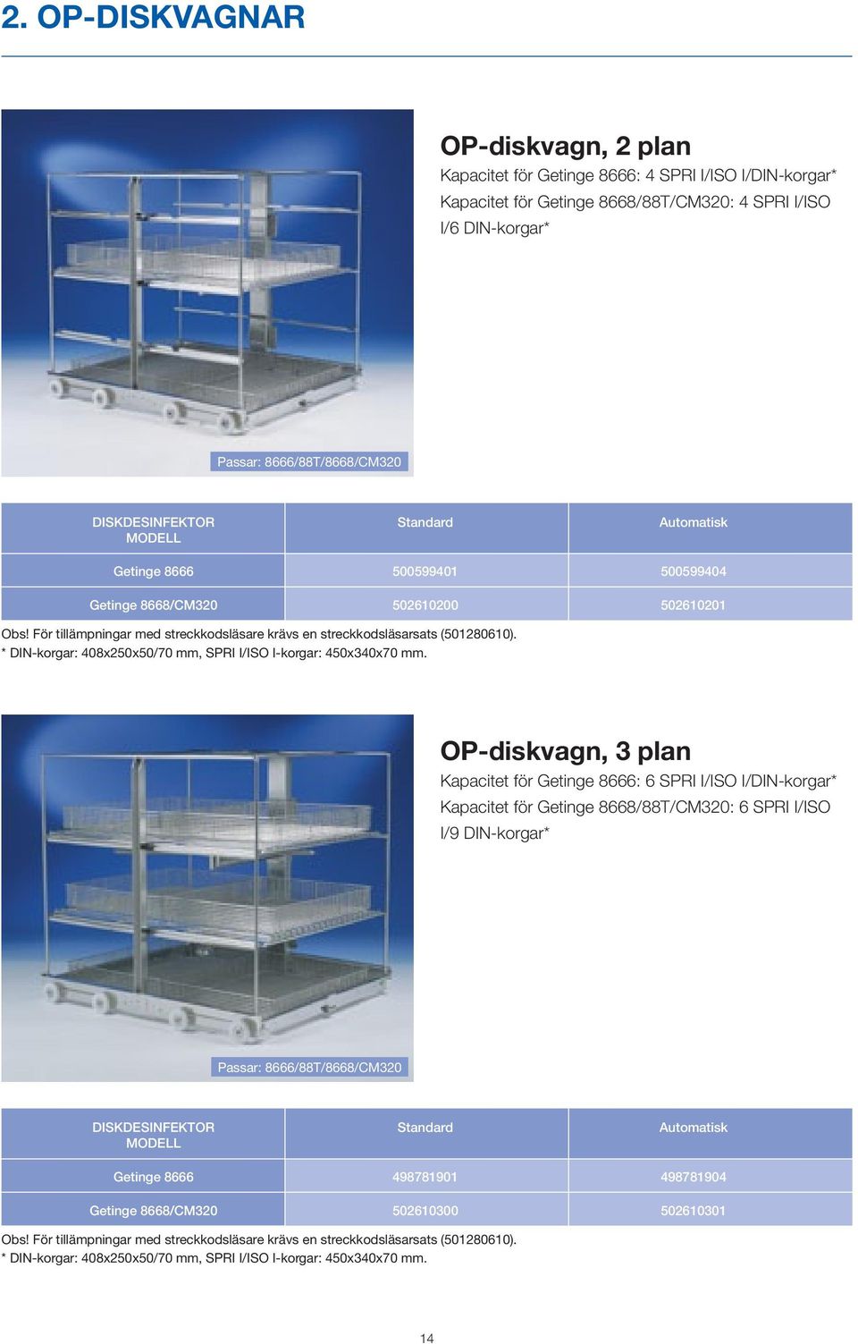 * DIN-korgar: 40x250x50/70 mm, SPRI I/ISO I-korgar: 450x340x70 mm.