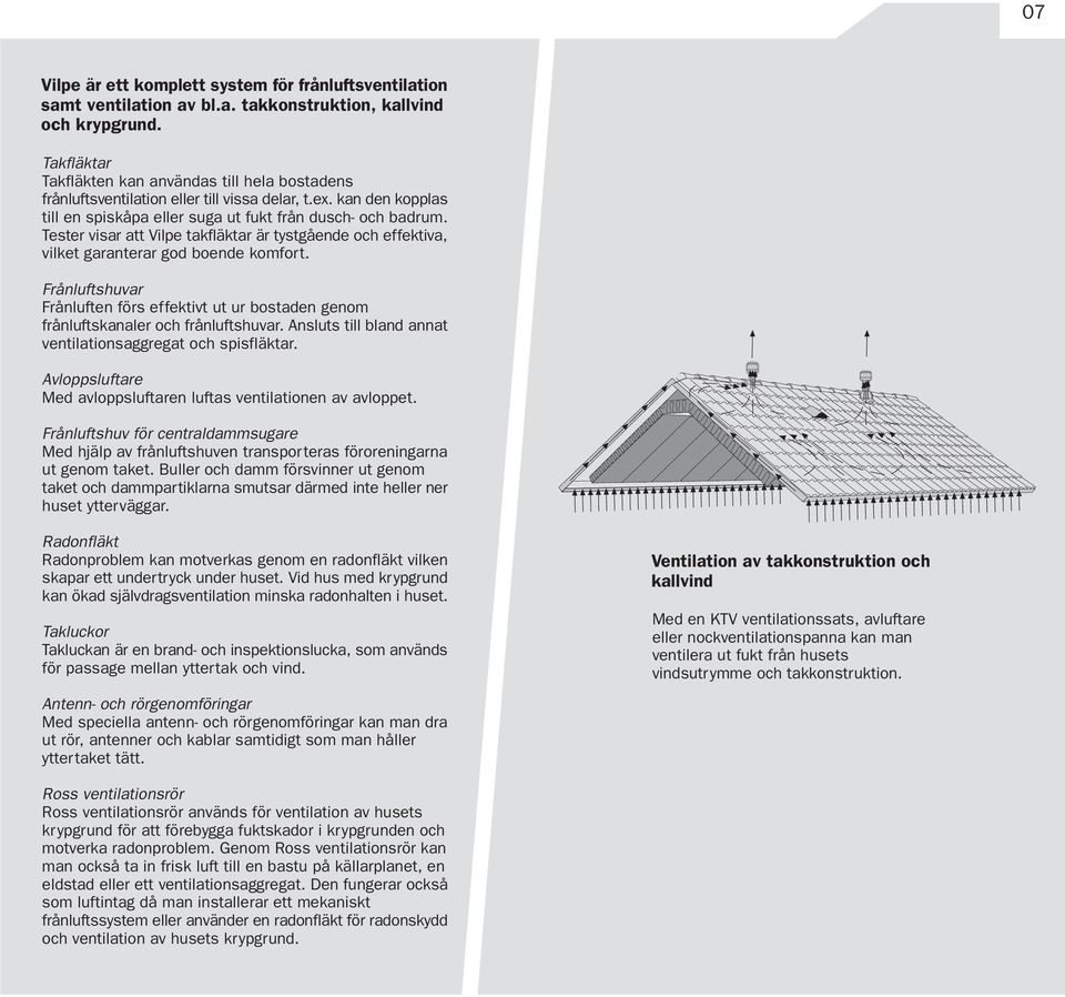 Tester visar att Vilpe takfläktar är tystgående och effektiva, vilket garanterar god boende komfort. Frånluftshuvar Frånluften förs effektivt ut ur bostaden genom frånluftskanaler och frånluftshuvar.