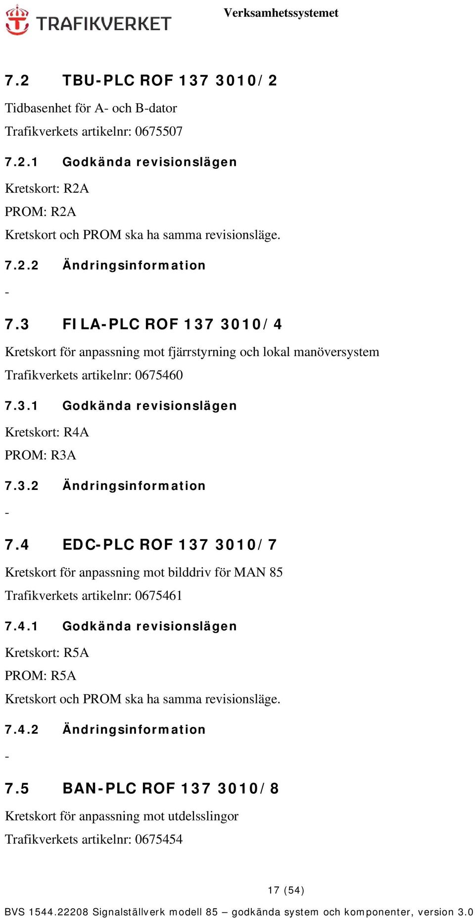 4 EDC-PLC ROF 137 3010/7 Kretskort för anpassning mot bilddriv för MAN 85 Trafikverkets artikelnr: 0675461 7.4.1 Godkända revisionslägen Kretskort: R5A PROM: R5A Kretskort och PROM ska ha samma revisionsläge.