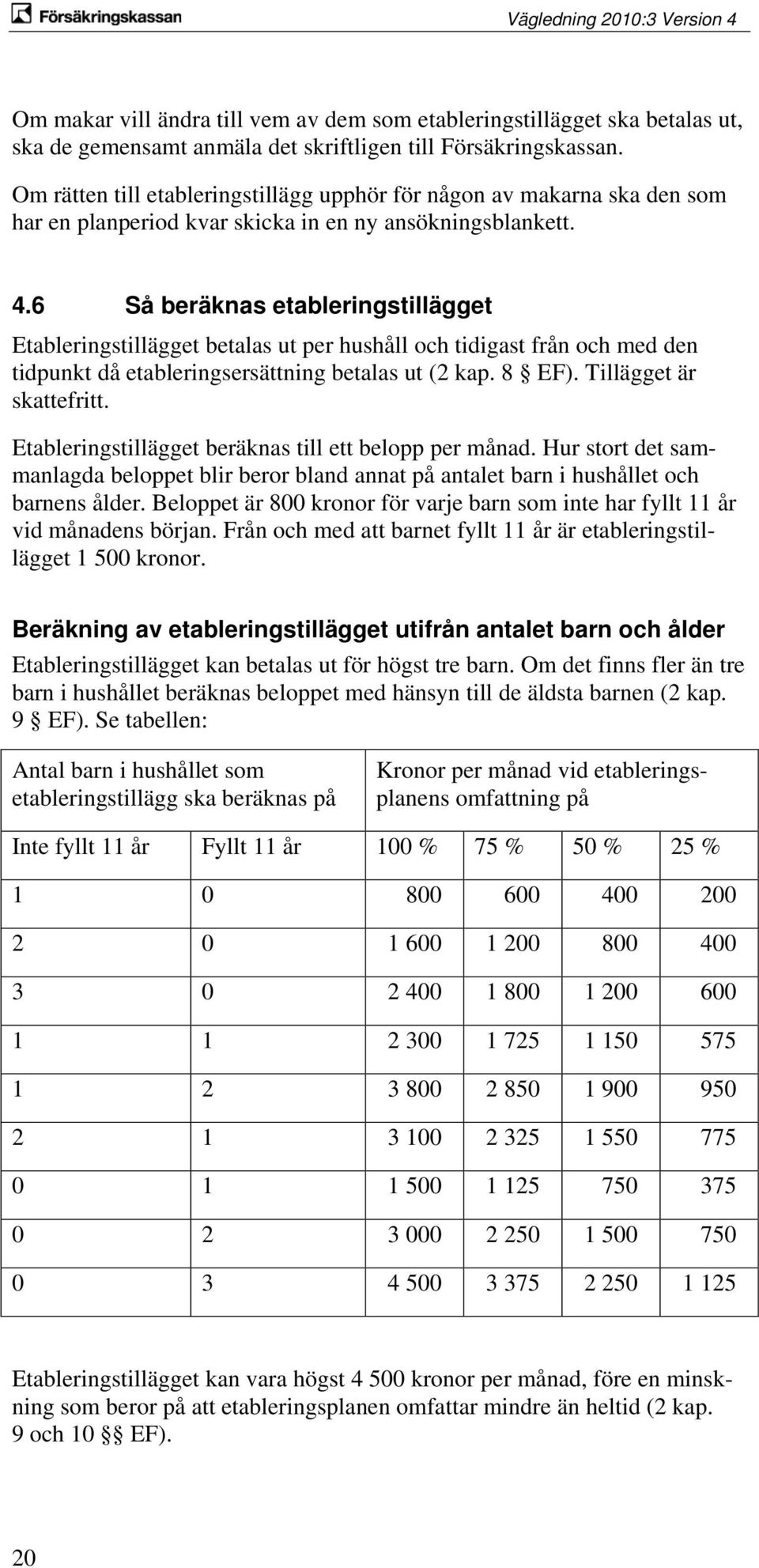 6 Så beräknas etableringstillägget Etableringstillägget betalas ut per hushåll och tidigast från och med den tidpunkt då etableringsersättning betalas ut (2 kap. 8 EF). Tillägget är skattefritt.