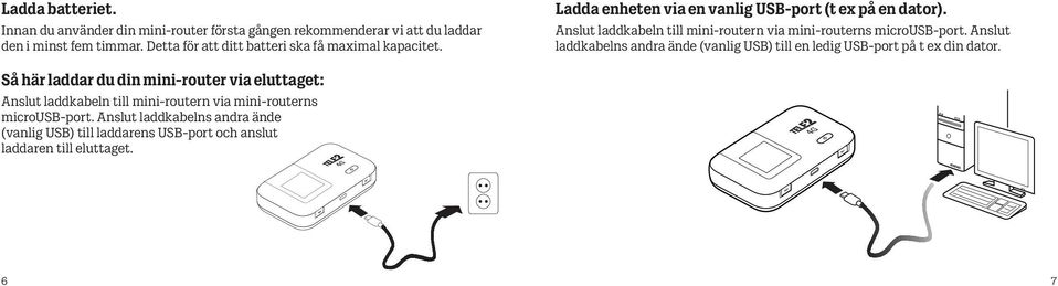 Anslut laddkabeln till mini-routern via mini-routerns microusb-port.