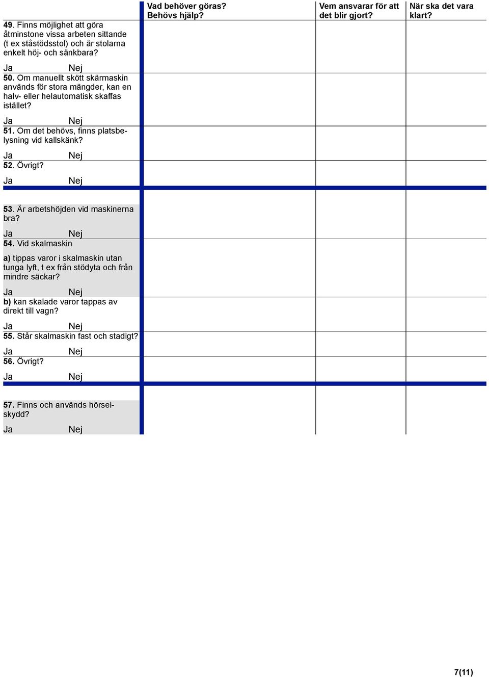 Om det behövs, finns platsbelysning vid kallskänk? 52. Övrigt? RENSERIET 53. Är arbetshöjden vid maskinerna bra? 54.