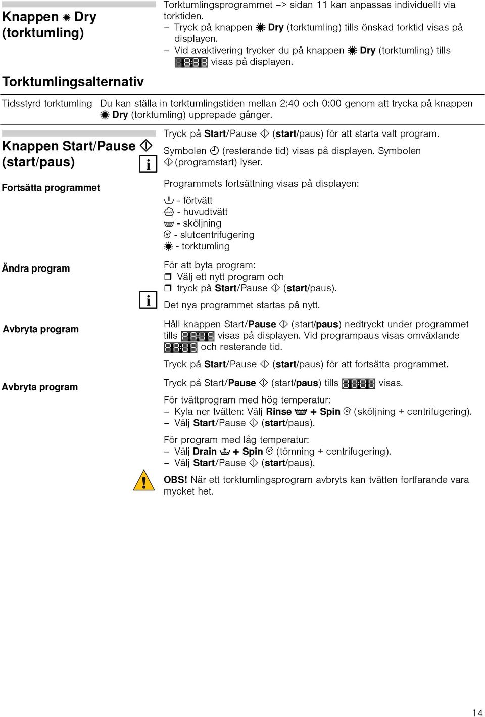 Tdsstyrd torktumlng Du kan ställa n torktumlngstden mellan 2:40 och 0:00 genom att trycka på knappen ˆ Dry (torktumlng) upprepade gånger. Knappen Start/Pause!