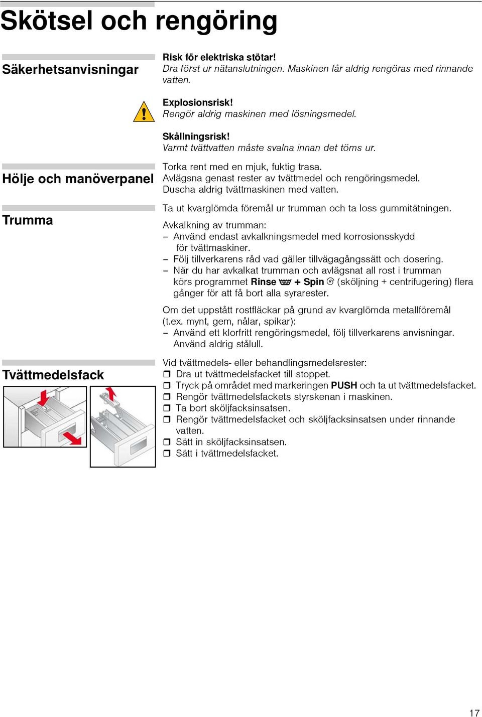 Avlägsna genast rester av tvättmedel och rengörngsmedel. Duscha aldrg tvättmasknen med vatten. Ta ut kvarglömda föremål ur trumman och ta loss gummtätnngen.