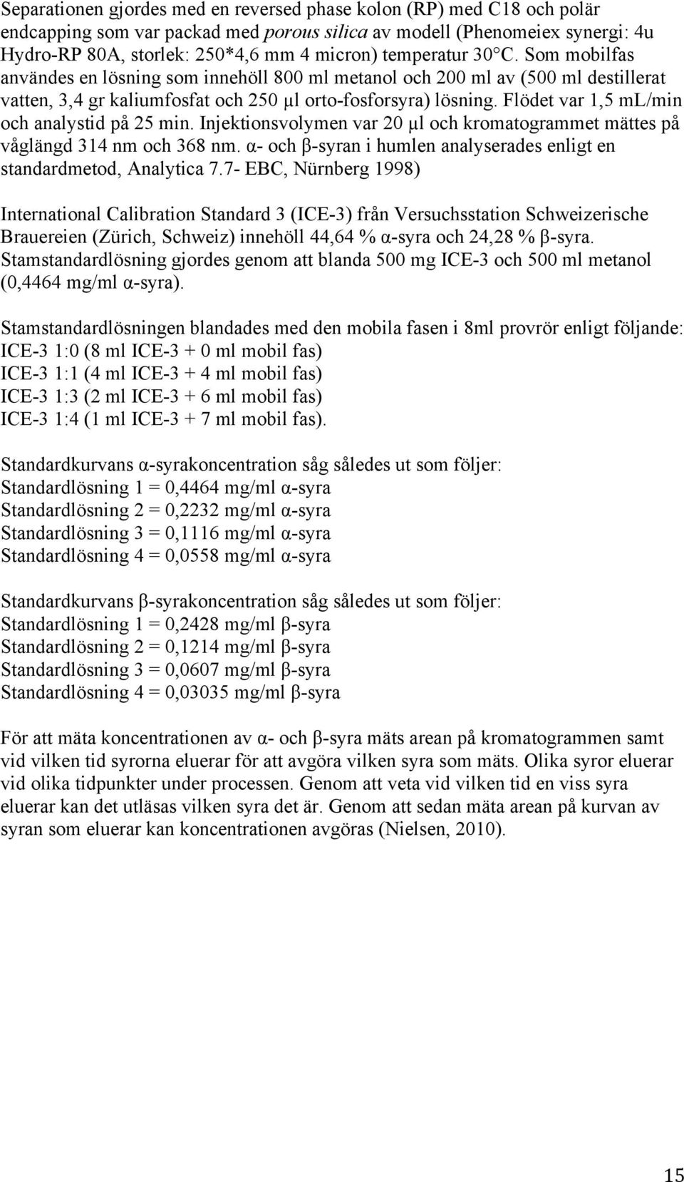 Flödet var 1,5 ml/min och analystid på 25 min. Injektionsvolymen var 20 µl och kromatogrammet mättes på våglängd 314 nm och 368 nm.