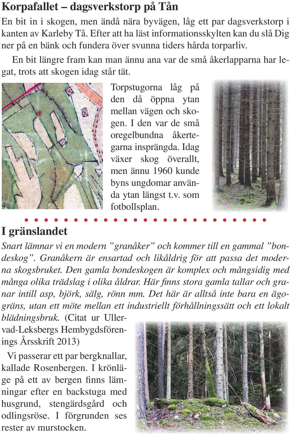 En bit längre fram kan man ännu ana var de små åkerlapparna har legat, trots att skogen idag står tät. Torpstugorna låg på den då öppna ytan mellan vägen och skogen.