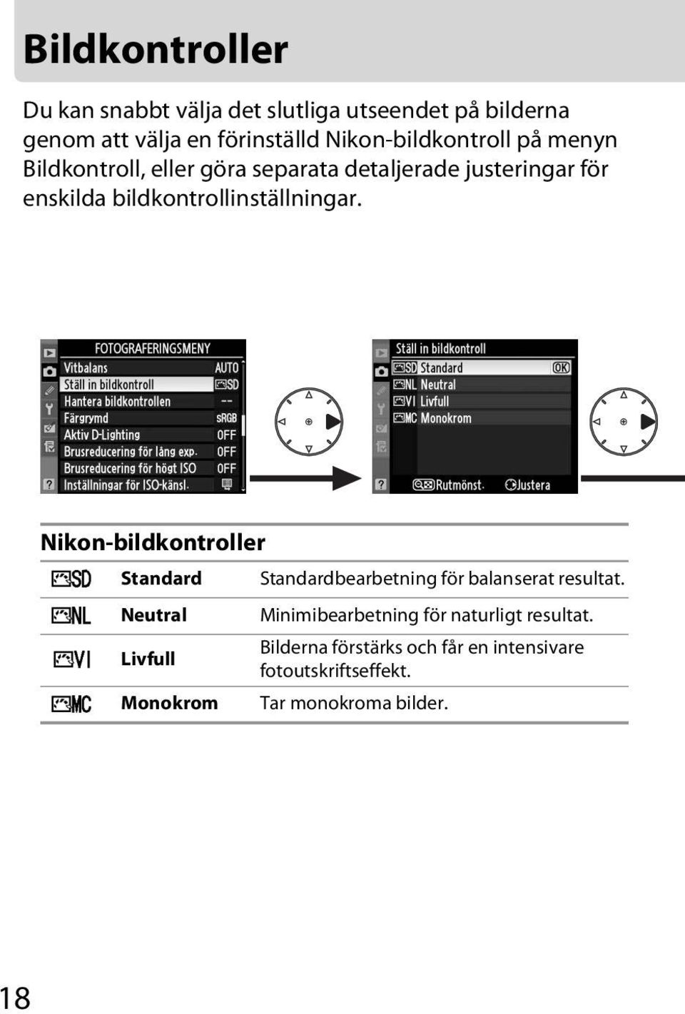 bildkontrollinställningar. Nikon-bildkontroller Q Standard Standardbearbetning för balanserat resultat.