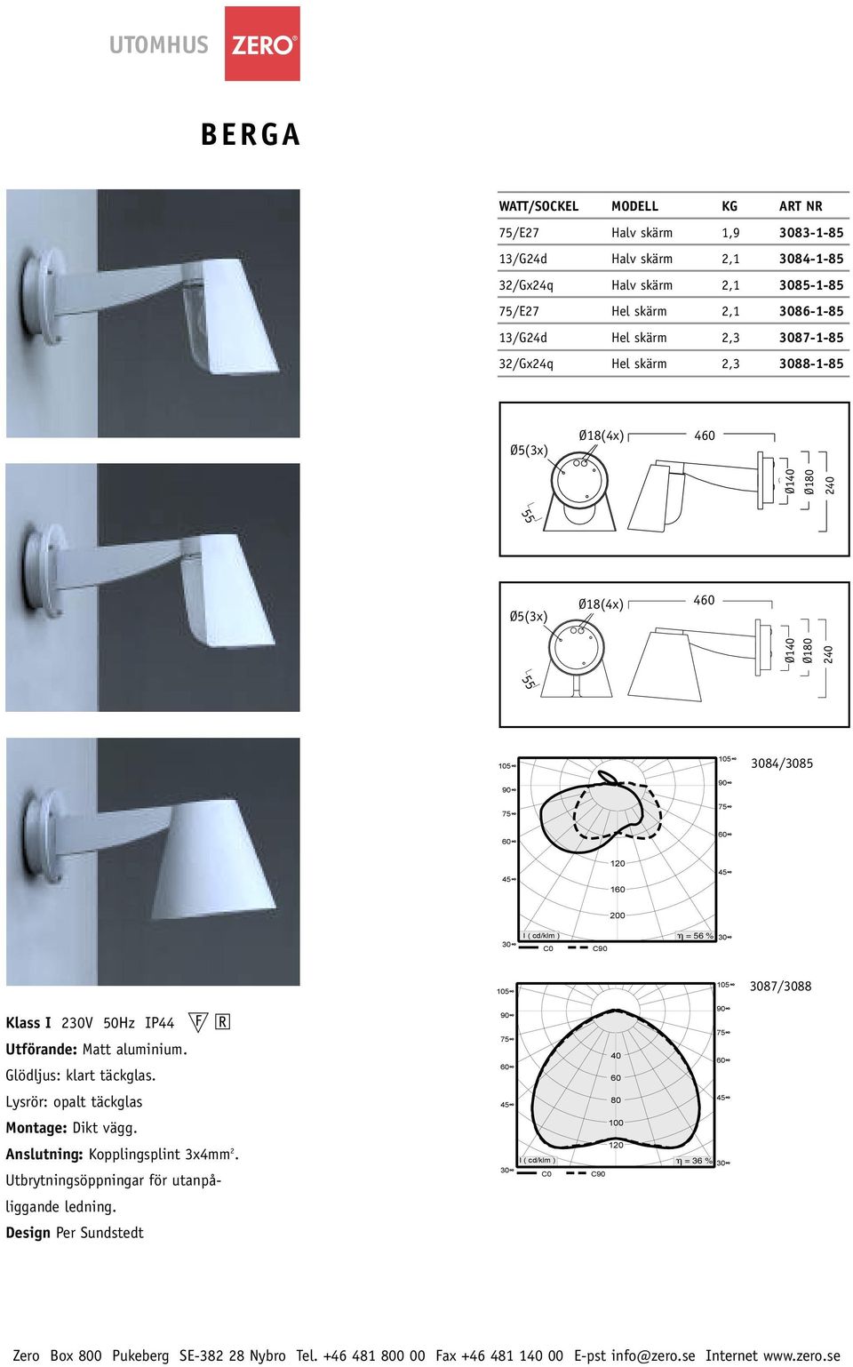 120 160 200 I ( cd/klm ) = 56 % 30 30 C0 C90 3087/3088 Klass I 230V 50Hz IP44 Utförande: Matt aluminium. Glödljus: klart täckglas.