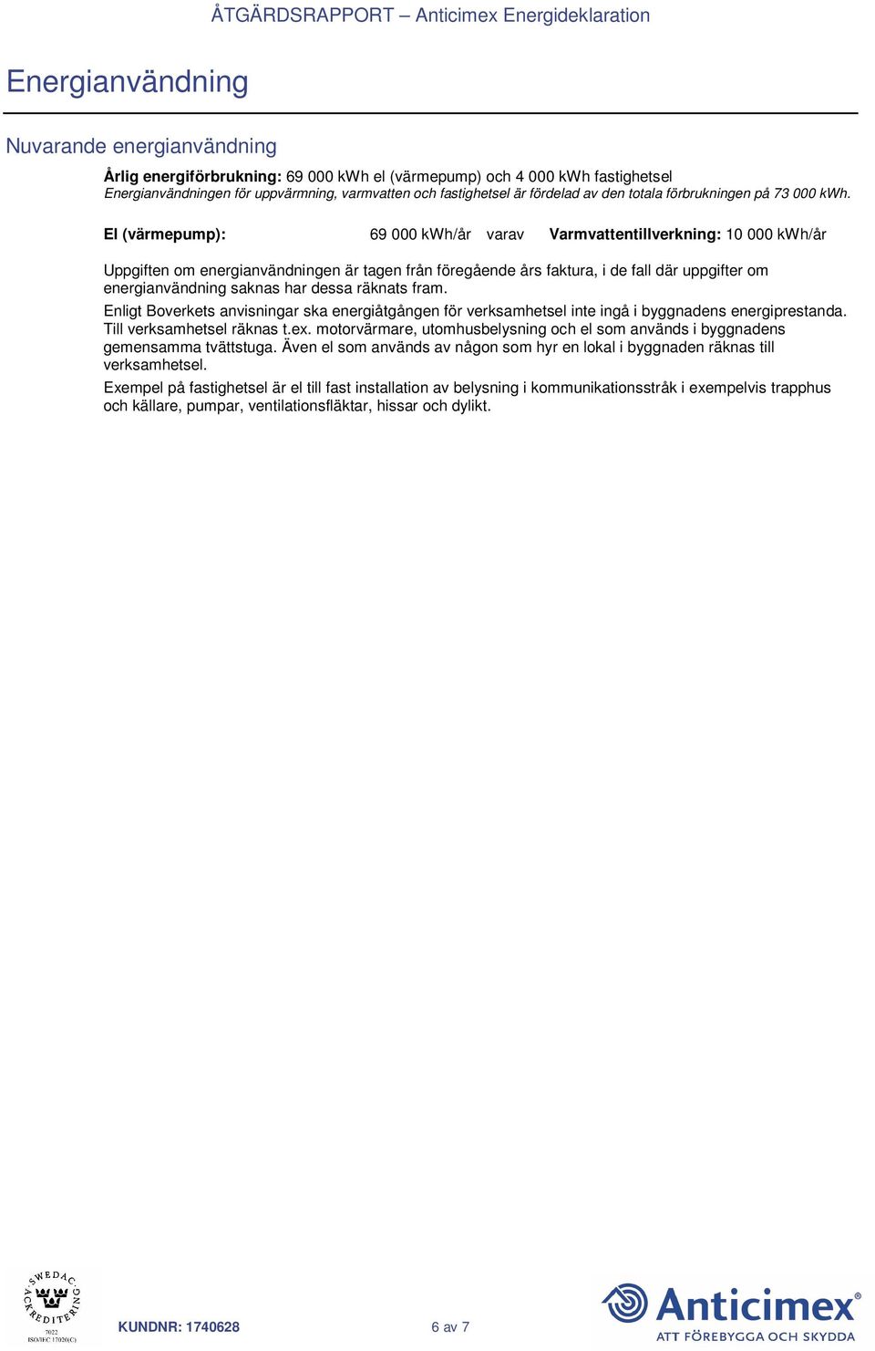 El (värmepump): 69 000 kwh/år varav Varmvattentillverkning: 10 000 kwh/år Uppgiften om energianvändningen är tagen från föregående års faktura, i de fall där uppgifter om energianvändning saknas har