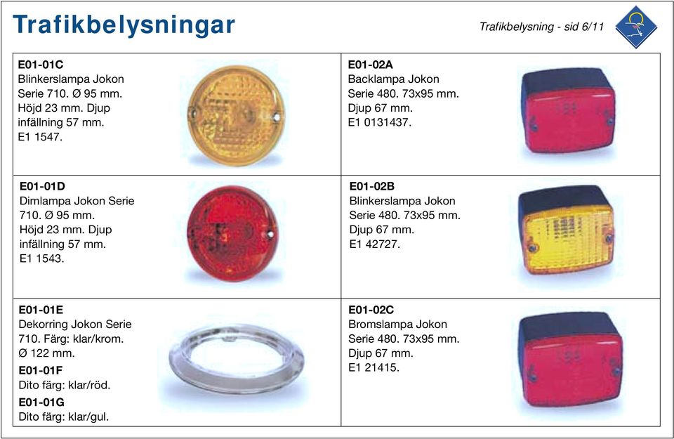 Djup infällning 57 mm. E1 1543. E01-02B Blinkerslampa Jokon Serie 480. 73x95 mm. Djup 67 mm. E1 42727.