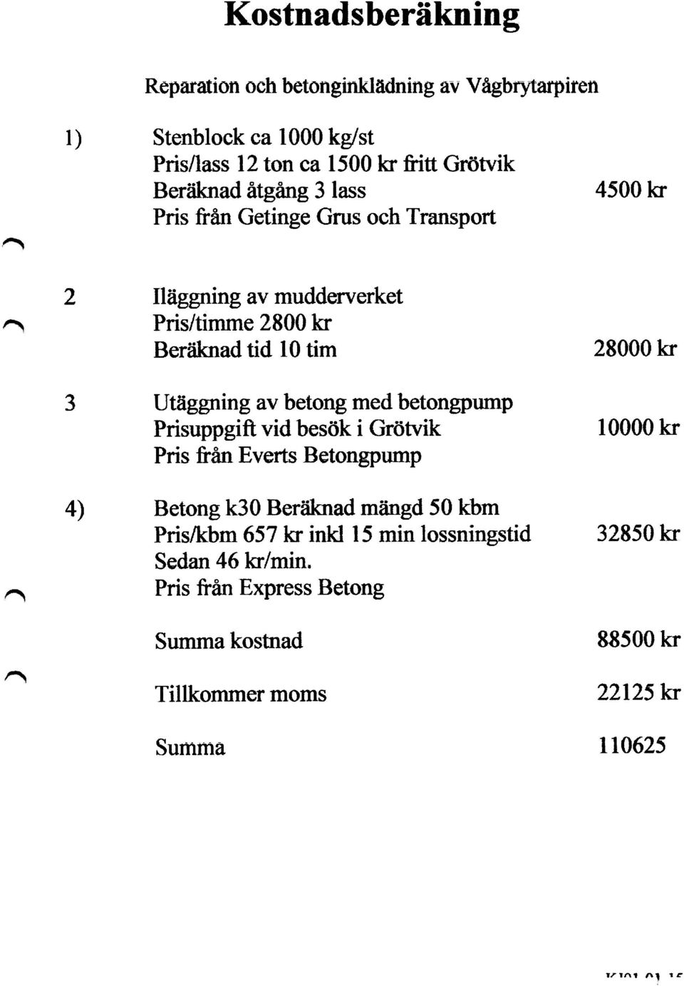 betong med betongpump Prisuppgift vid besök i Grötvik Pris &ån Everts Betongpump Betong k30 Beräknad mängd 50 kbm Pris/kbm 657 kr