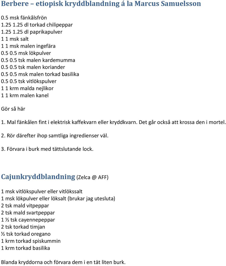 Mal fänkålen fint i elektrisk kaffekvarn eller kryddkvarn. Det går också att krossa den i mortel. 2. Rör därefter ihop samtliga ingredienser väl. 3. Förvara i burk med tättslutande lock.