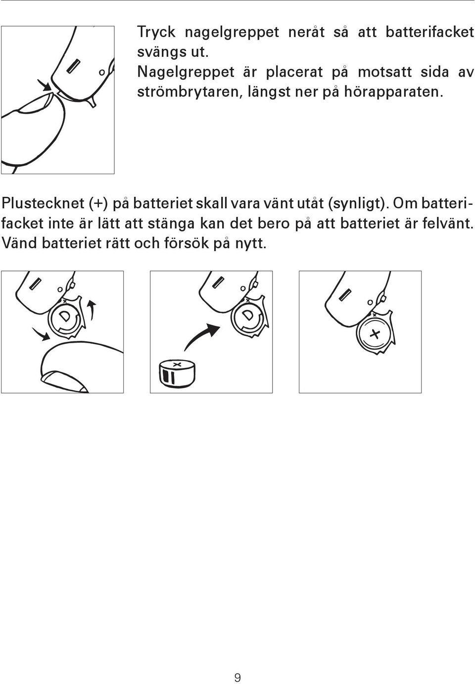 hörapparaten. Plustecknet (+) på batteriet skall vara vänt utåt (synligt).