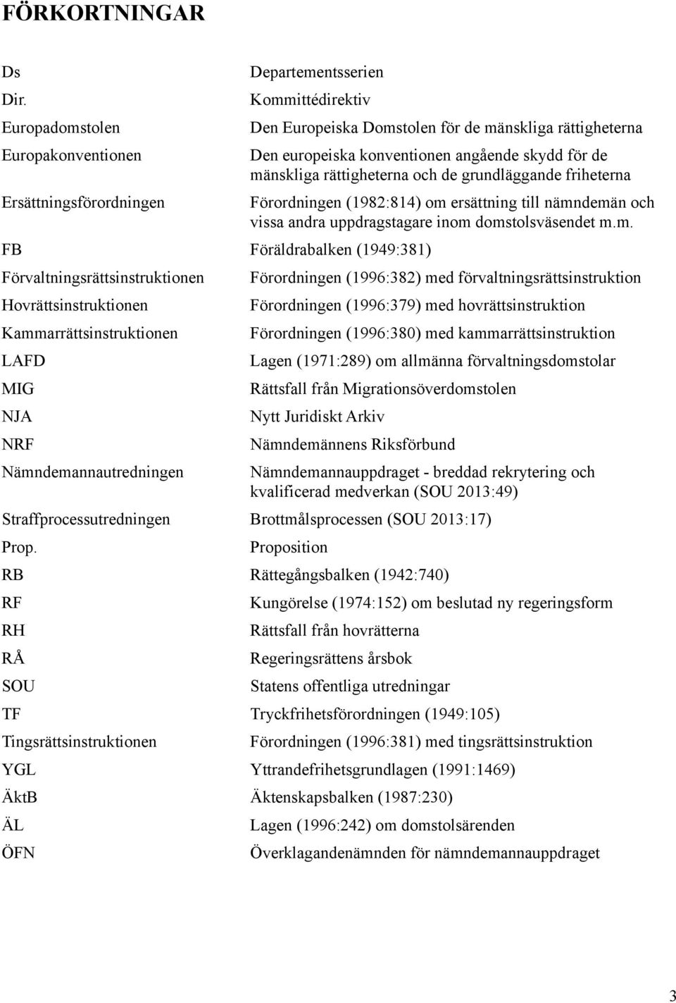 Kammarrättsinstruktionen LAFD MIG NJA NRF Nämndemannautredningen Den Europeiska Domstolen för de mänskliga rättigheterna Den europeiska konventionen angående skydd för de mänskliga rättigheterna och