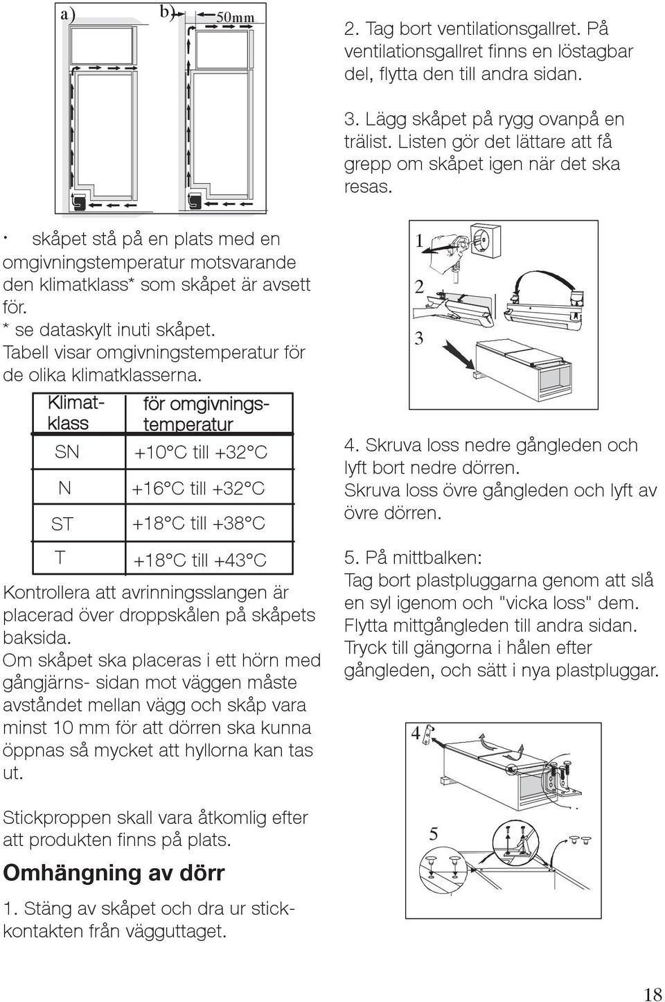 * se dataskylt inuti skåpet. Tabell visar omgivningstemperatur för de olika klimatklasserna.