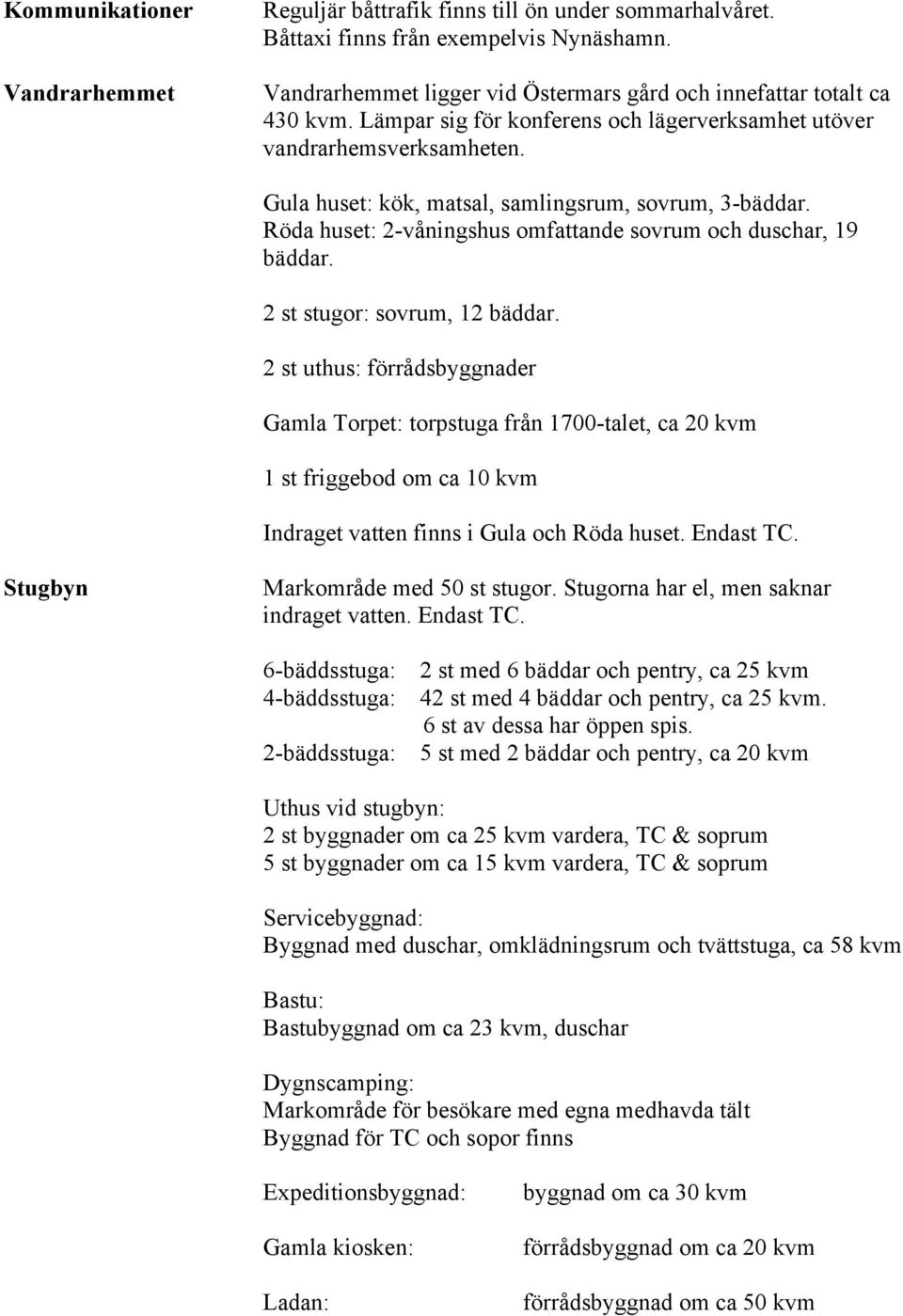 2 st stugor: sovrum, 12 bäddar. 2 st uthus: förrådsbyggnader Gamla Torpet: torpstuga från 1700-talet, ca 20 kvm 1 st friggebod om ca 10 kvm Indraget vatten finns i Gula och Röda huset. Endast TC.