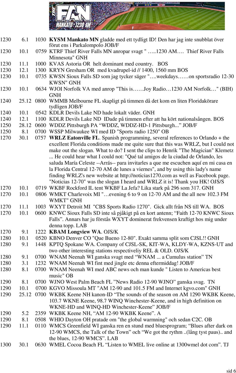 1 0735 KWSN Sioux Falls SD som jag tycker säger ".weekdays on sportsradio 12-30 KWSN" GNH 1230 10.1 0634 WJOI Norfolk VA med anrop "This is Joy Radio 1230 AM Norfolk " (BIH) GNH 1240 25.