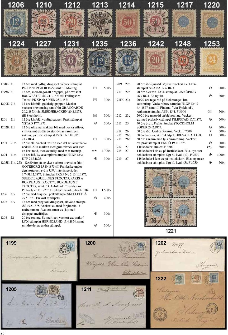 * 300:- 1201 21i 12 öre klarblå, vanligt papper. Praktstämplat YSTAD 17.7.1873.