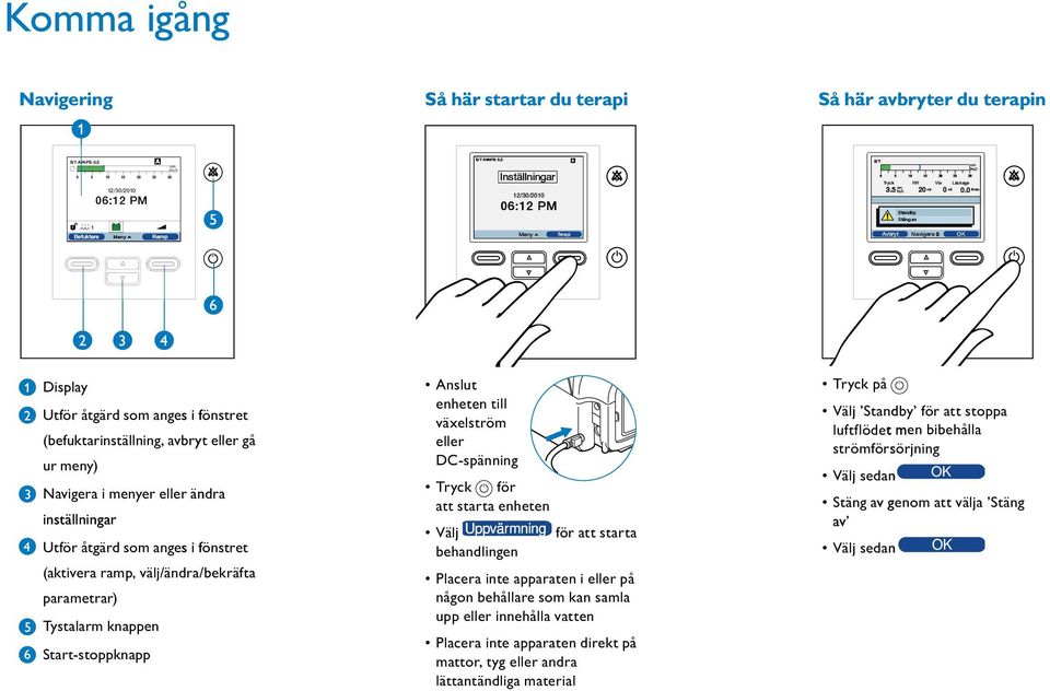inställningar Utför åtgärd som anges i fönstret (aktivera ramp, parametrar) Tystalarm knappen Start-stoppknapp välj/ändra/bekräfta Anslut enheten till växelström eller DC-spänning Tryck för att