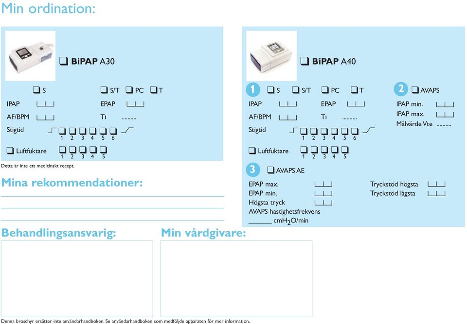 .. 1 2 3 4 5 6 1 2 3 4 5 Mina rekommendationer: Behandlingsansvarig: Min vårdgivare: IPAP AF/BPM Stigtid Luftfuktare 3 AVAPS AE EPAP max.