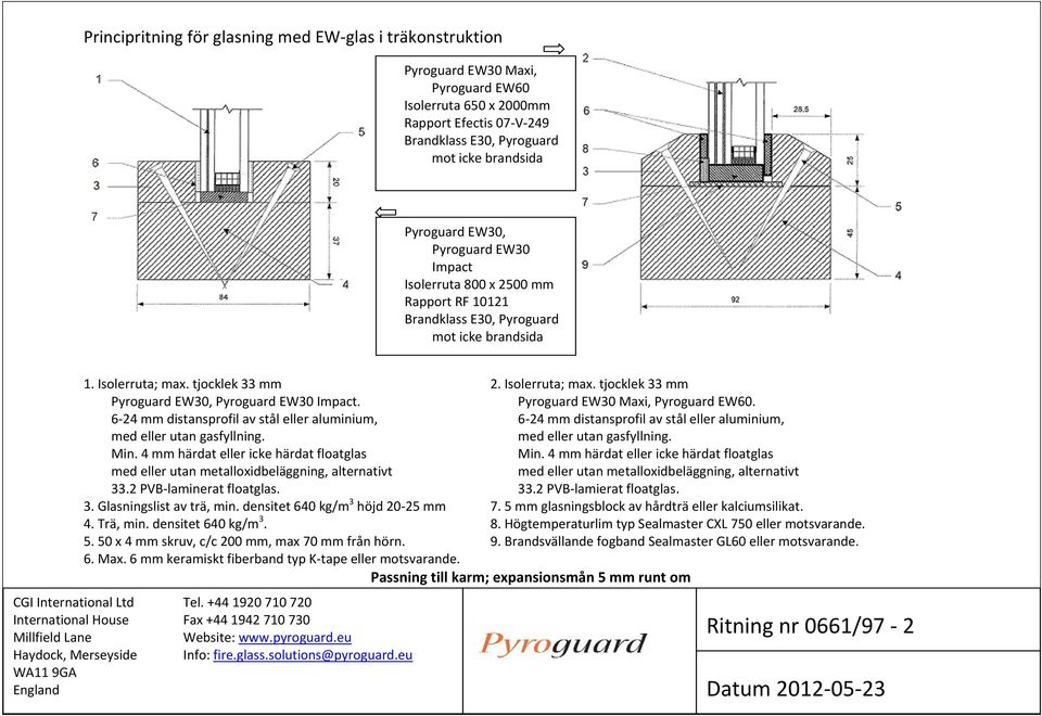 Pyroguard EW30 Maxi, Pyroguard EW60. 6 24 mm distansprofil av stål eller aluminium, 6 24 mm distansprofil av stål eller aluminium, med eller utan gasfyllning. med eller utan gasfyllning. Min.