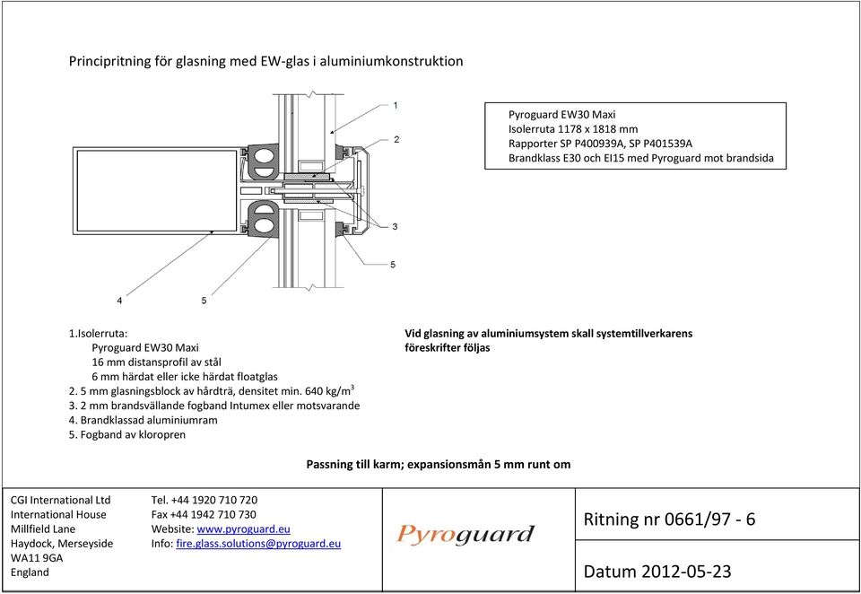 5 mm glasningsblock av hårdträ, densitet min. 640 kg/m 3 3. 2 mm brandsvällande fogband Intumex eller motsvarande 4. ad aluminiumram 5.