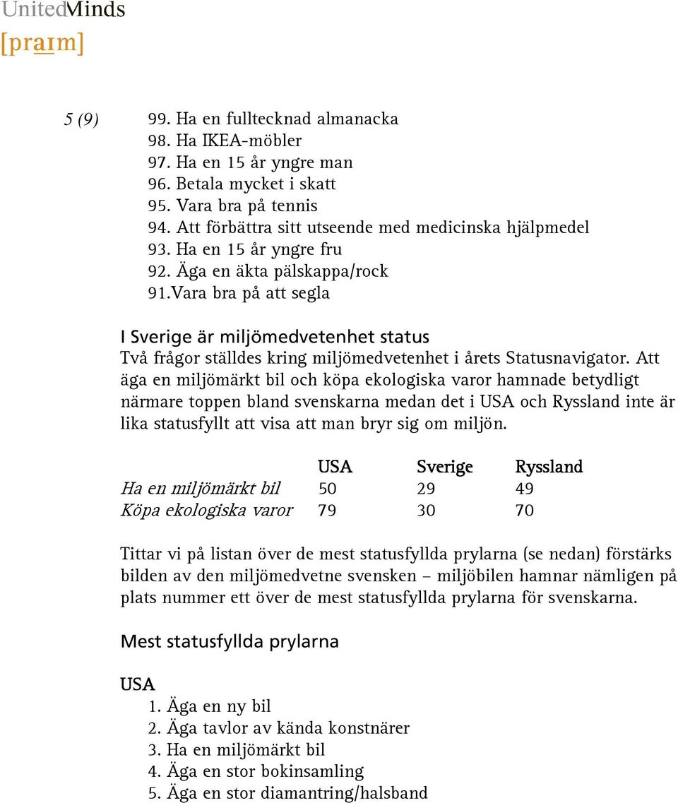 Att äga en miljömärkt bil och köpa ekologiska varor hamnade betydligt närmare toppen bland svenskarna medan det i och inte är lika statusfyllt att visa att man bryr sig om miljön.