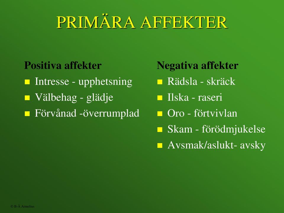 Negativa affekter Rädsla - skräck Ilska - raseri Oro -